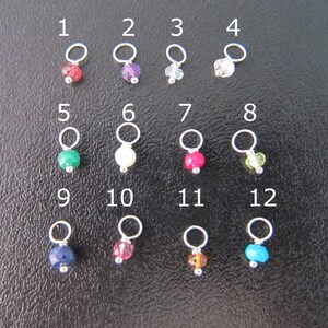 May include: Twelve silver jump rings with different colored gemstones attached. The jump rings are numbered 1 through 12. The gemstones are red, purple, white, clear, green, white, red, green, blue, red, brown, and blue.