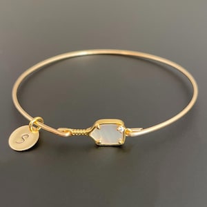 Pickleball Bracelet Pickleball Charm Bangle 24k Gold Plated Mother of Pearl Paddle w Rhinestone Ball Pickleball Player Gift Pickleball Lover