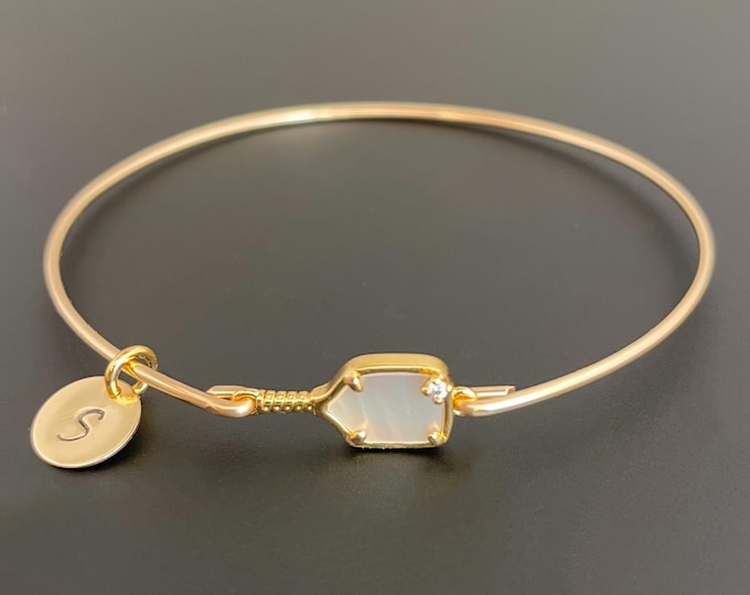 Pickleball Bracelet Pickleball Charm Bangle 24k Gold Plated Mother of Pearl Paddle w Rhinestone Ball Pickleball Player Gift Pickleball Lover