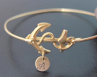 Anchor Bracelet Womens Personalized Anchor Jewelry w/ Stamped Initial Charm Sailing Gift Idea Sailing Bracelet Sailor Gift Nautical Jewelry