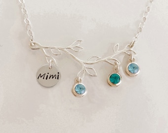 Cadeau fête des mères Mimi Collier Mimi en argent sterling Arbre généalogique simulé avec pierres de naissance Collier Mimi Bijoux Mimi Idée cadeau Mimi de petits-enfants