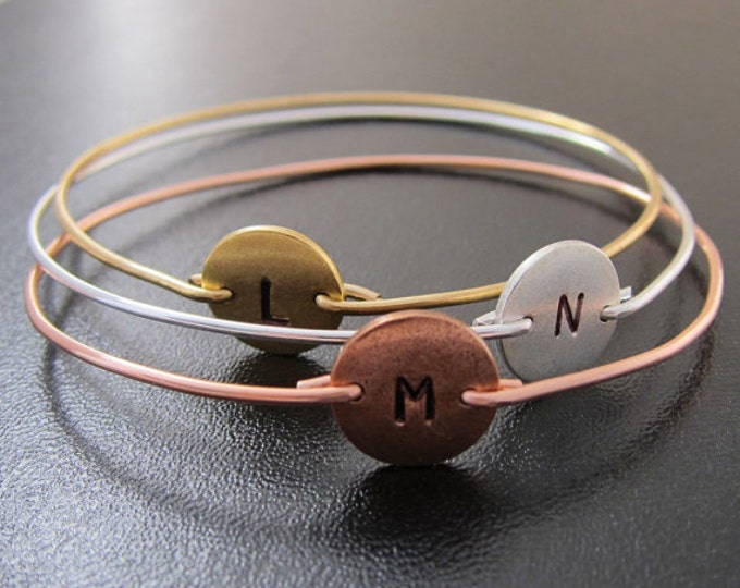 Mixed Metal Bracelets, Mixed Metal Jewelry, Three Initial Monogram Bracelets, Mixed Metal Bangles, Copper, Silver, Gold, Handmade Jewelry