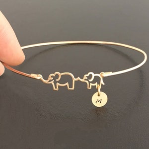 Mama & Me Elephant Bangle Initial Charm Personalized Christmas Gift Idea 2025 Mom Daughter in Law Sister Best Friend Women Her Unique Gift