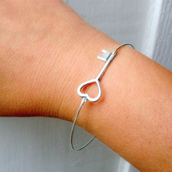 Lock Key Charm Bangle Bracelet Sterling Silver Plate USA Made, , Expandable Charm Bangle Bracelets