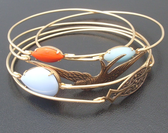 Free as a Bird Stacking Bangle Bracelet Set Gold Tone Bracelet Bangle Set Spring Fashion Spring Jewelry Spring Bracelet Stack Spring Bangles