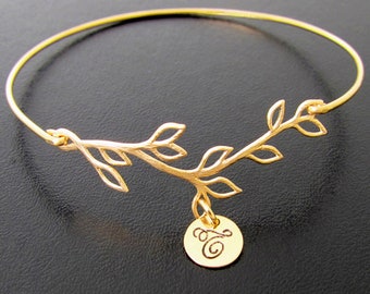 Bridesmaid Bracelet Gold Plated Olive Branch Initial Bracelet with Cursive Font Bridesmaid Jewelry Branch Bracelet Bridesmaid Gift Idea