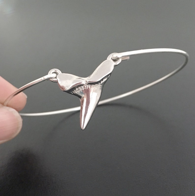 May include: A silver bracelet with a shark tooth charm. The tooth is detailed and realistic.