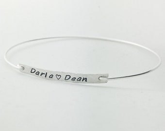 Couples Name Bangle Bracelet or 2 Names Bracelet Optional Heart Stamp Two Names Bracelet Hand Stamped Bangle Bracelet Custom Bangle Bracelet