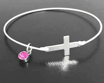 Sterling Silver Cross Bangle w/ Birth Month Charm Her Birthday Bracelet Gift Teenager Daughter Teen Girl Teenage Girl Gift 13 14 15 Year Old