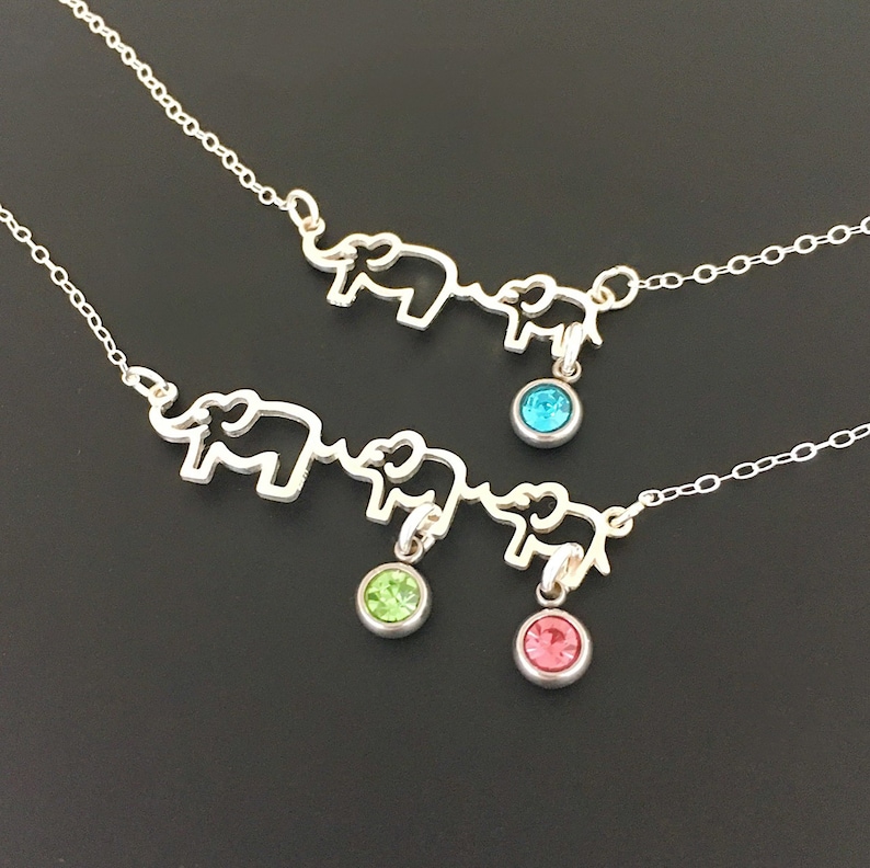 Mom & Baby Elephants Necklace Mothers Day Gift Idea 2024 my Wife Mom Mother in law Sister Daughter Grandma Myself Sim Birthstone Necklace image 2