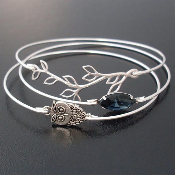 Owl Bracelet Set, Stackable Bracelets for Women, Owl Jewelry, Owl Gift, Bird Lover Gift, Owl Lover Gift, Nature Jewelry