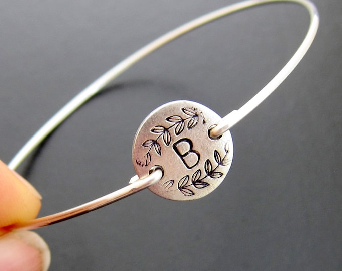 Initial Bracelet Vine Motif Monogram Bangle Women Personalized Artist Gift Idea Christmas Gift Art Teacher Gift Art Lover Artist Bracelet