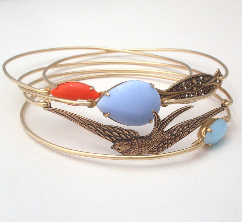 Free as a Bird Stacking Bangle Bracelet Set Gold Tone Bracelet Bangle Set Spring Fashion Spring Jewelry Spring Bracelet Stack Spring Bangles image 3