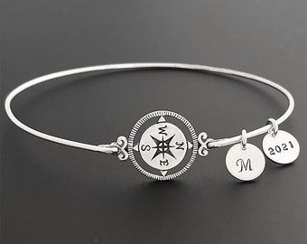Personalized Compass Bracelet Grad Gift Graduation Bracelet Class of 2025 w/ Her Initial Sterling Silver Best Friend Girl Graduation Jewelry