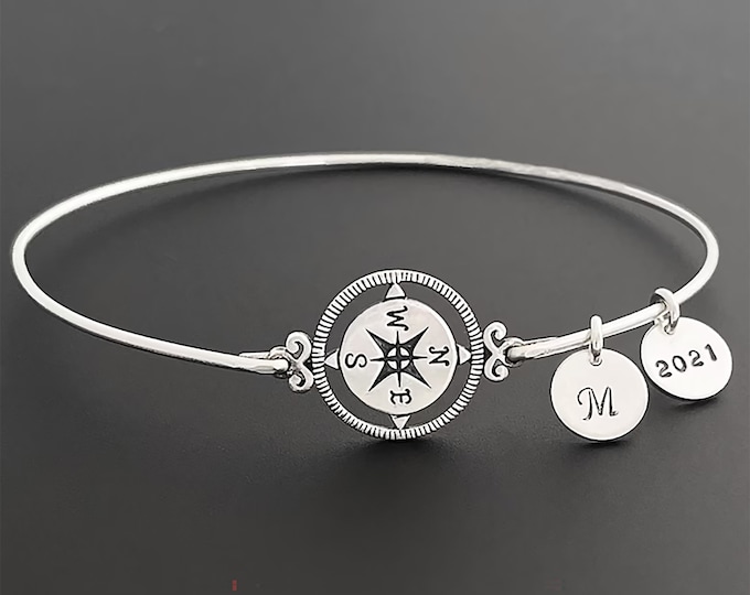 Personalized Compass Bracelet Grad Gift Graduation Bracelet Class of 2025 w/ Her Initial Sterling Silver Best Friend Girl Graduation Jewelry