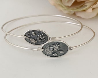 Birth Flower Bracelet Bangle Sterling Silver Birthday Gift for Her Mothers Day Gift for Wife New Mom Gift from Baby Birthflower Bracelet