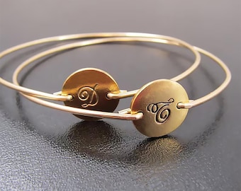 Set of 2 Cursive Initial Bangle Bracelets Personalized Bracelets for Mom with Kids Initial Stocking Stuffer Adult Women, Mom, Adult Daughter
