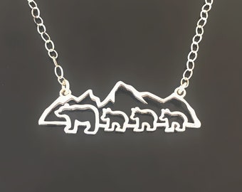 Mountain Mama Bear with 3 Cubs Sterling Silver Her Thoughtful Christmas Gift Necklace Mother of 3 Girls Boys Kids Mom of 3 Mother of Three