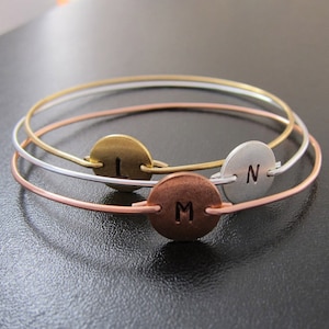 Juego de 3 pulseras con monograma inicial, pulseras con monograma inicial, oro, plata, cobre, pulseras con 3 iniciales, pulseras tricolores, joyas tricolores