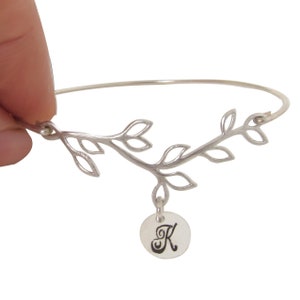 Bridesmaid Bracelet Bangle Silver Plated Olive Branch with Initial Bracelet Cursive Font Bridesmaid Jewelry Custom Bridesmaid Gift Bracelets