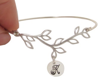 Bridesmaid Bracelet Bangle Silver Plated Olive Branch with Initial Bracelet Cursive Font Bridesmaid Jewelry Custom Bridesmaid Gift Bracelets