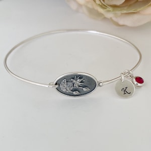 Bracelet fleur de naissance fête des mères en argent sterling avec initiales et pierre de naissance de son fils ou de sa fille, cadeau de nouvelle maman Bracelet fête des mères