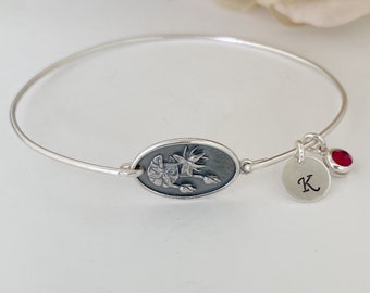 Mothers Day Birth Flower Bracelet Sterling Silver with Initial & Crystal Birthstone of Her Son or Daughter New Mom Gift Mothers Day Bracelet