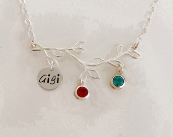 Collier Gigi Cadeau fête des mères Gigi Arbre généalogique Collier avec pierres de naissance simulées en argent sterling Bijoux Gigi Idée cadeau Gigi de petits-enfants