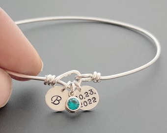 New Mom Bracelet Bangle with Baby Initial Birth Date and Sim Birthstone for Mother of New Baby, Keepsake Bracelet Initial Bracelet Birthdate