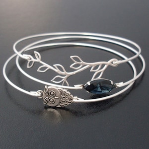 Owl Bracelet Set, Stackable Bracelets for Women, Owl Jewelry, Owl Gift, Bird Lover Gift, Owl Lover Gift, Nature Jewelry image 1