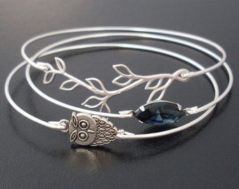 Owl Bracelet Set, Stackable Bracelets for Women, Owl Jewelry, Owl Gift, Bird Lover Gift, Owl Lover Gift, Nature Jewelry