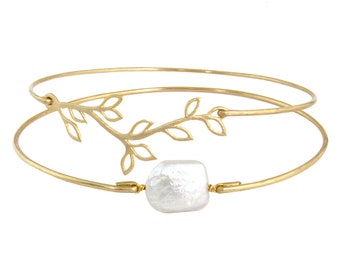Olive Branch & Cultured Freshwater Pearl Bridesmaid Bracelet Set Pearl Bridesmaid Jewelry Wedding Pearl Bracelet Bridesmaid Pearl Jewelry