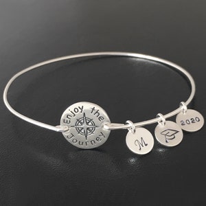Personalized Compass Enjoy the Journey Bracelet Grad Gift Graduation Bracelet 2024 for Her Sterling Silver with Initials Graduation Jewelry