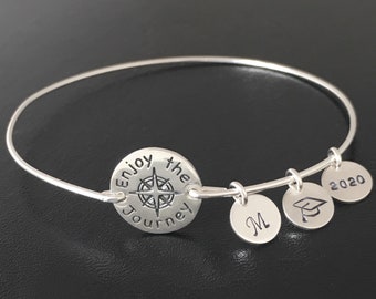 Personalized Compass Enjoy the Journey Bracelet Grad Gift Graduation Bracelet 2024 for Her Sterling Silver with Initials Graduation Jewelry