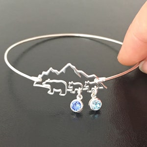 Mountain Mama Bear Bracelet with 2 Cubs Sterling Silver Sim Birthstones Bracelet Mom Gift Mothers Day Gift from Mother & Father to Daughter