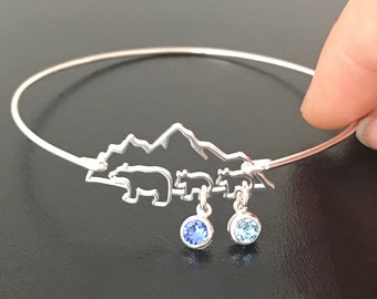 Mountain Mama Bear Bracelet with 2 Cubs Sterling Silver Sim Birthstones Bracelet Mom Gift Mothers Day Gift from Mother & Father to Daughter