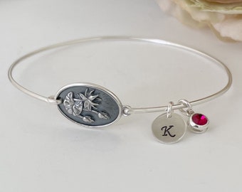 July Birthflower Bracelet Sterling Silver Crystal Ruby Birthstone July Flower Waterlily Birthday Gift Her Friend Birth Flower Initial Bangle