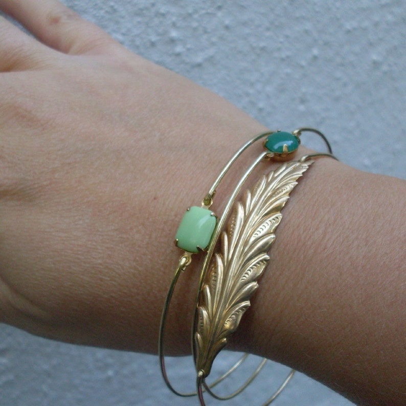 Woodland Stackable Bracelet Set Nature Jewelry Nature Lover Gift for Women Green Jewelry Green Bracelets Gold Tone Stack Bangle Bracelet Set image 2