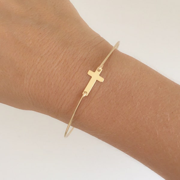 Cross Bracelet 14k Gold Filled Sideways Cross Bracelet Religious Bracelet Womens Religious Jewelry Cross Bangle Bracelet Side Cross Bracelet
