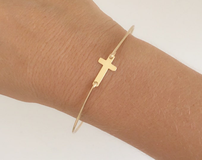 Cross Bracelet 14k Gold Filled Sideways Cross Bracelet Religious Bracelet Womens Religious Jewelry Cross Bangle Bracelet Side Cross Bracelet