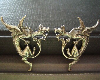 2 PC large medieval Style dragon Stampings in Oxidized sterling silver plated Brass(67)