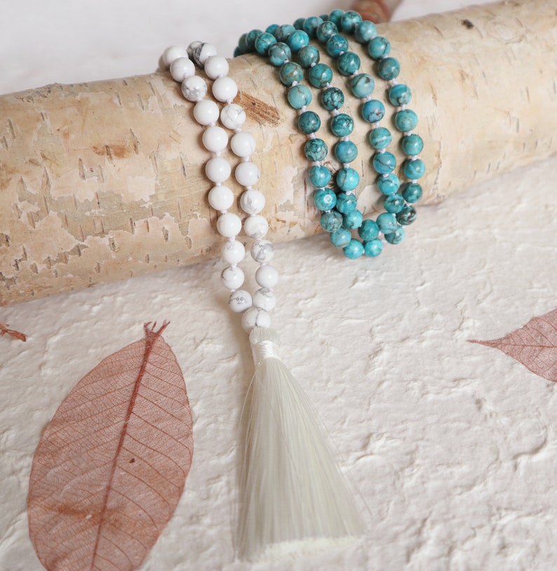 African Turquoise and Holite Hand knotted 108 Mala beads