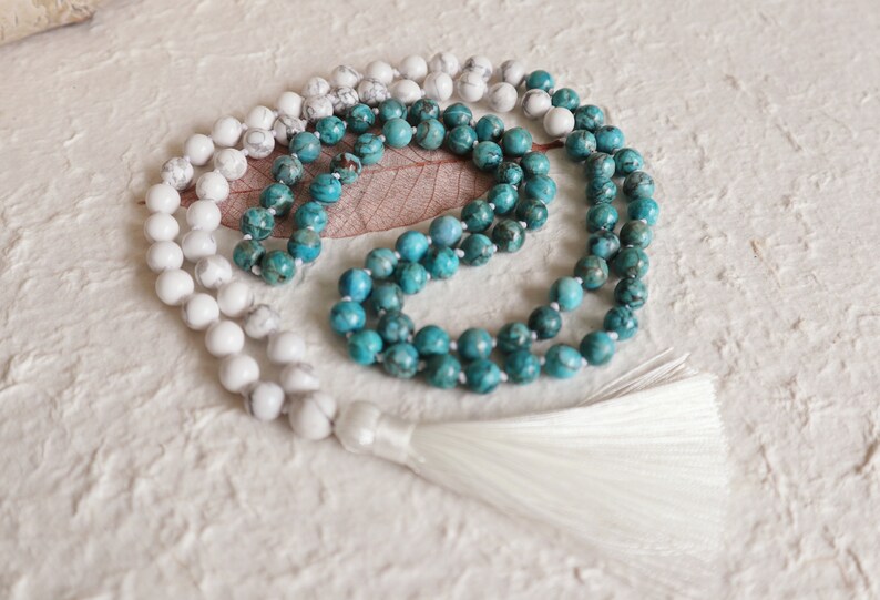 African Turquoise and Holite Hand knotted 108 Mala beads