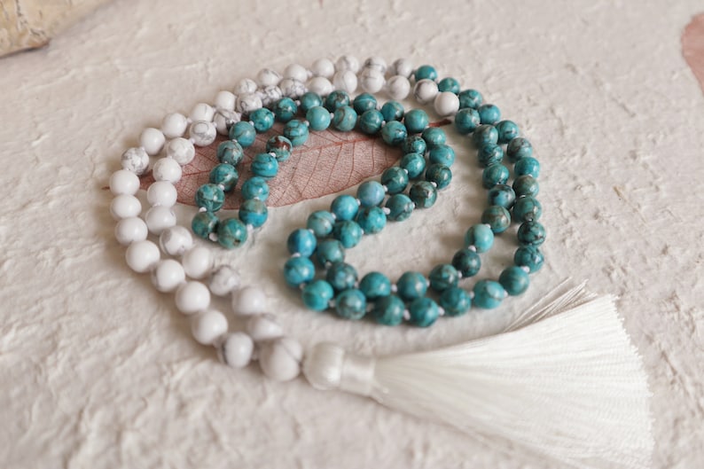 African Turquoise and Holite Hand knotted 108 Mala beads