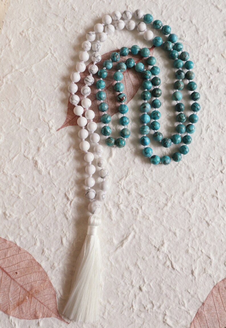 African Turquoise and Holite Hand knotted 108 Mala beads