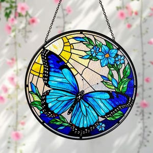 Blue Butterfly Stained Glass Suncatcher Window Hanging,Butterfly Lovers Flower,Insect Suncatcher,Nature Lovers Gift,Mother&#39;s Day,Home Decor