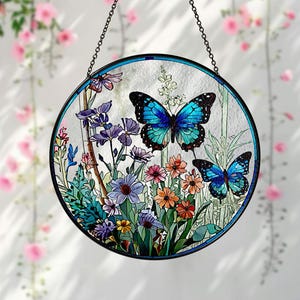 Butterfly Flowers Stained Glass Suncatcher Home Decor,Flowers Stained Glass Window Hanging,Butterfly Decor,Mother&#39;s Day,Nature Lover Gift
