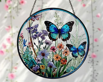 Butterfly Flowers Stained Glass Suncatcher Home Decor,Flowers Stained Glass Window Hanging,Butterfly Decor,Mother's Day,Nature Lover Gift