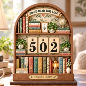 May include: A wooden bookshelf display featuring the text BOOKS READ THIS YEAR at the top and JACKSON'S LIBRARY at the base. The shelves hold miniature books, potted plants, a globe, a small lantern, and a central counter displaying the number 502.
