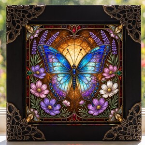 Sztuczna rama witrażowa z motylem "Blue Moth Butterfly", łapacz słońca w kształcie motyla, prezent dla mamy i babci, osobliwy obraz ścienny z owadem, kolekcja galerii miłośników owadów